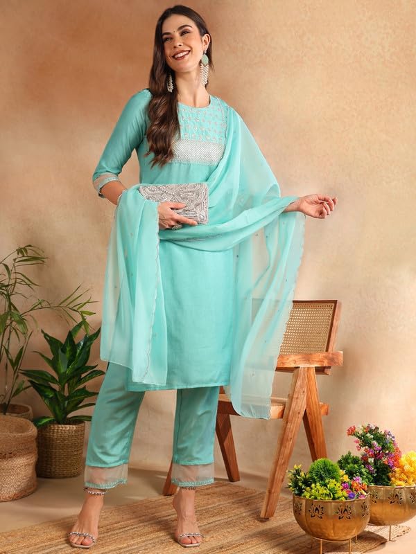 Image of Vaamsi Women's Silk Blend Sequins Yoke Design Straight Kurta Pant With Dupatta
