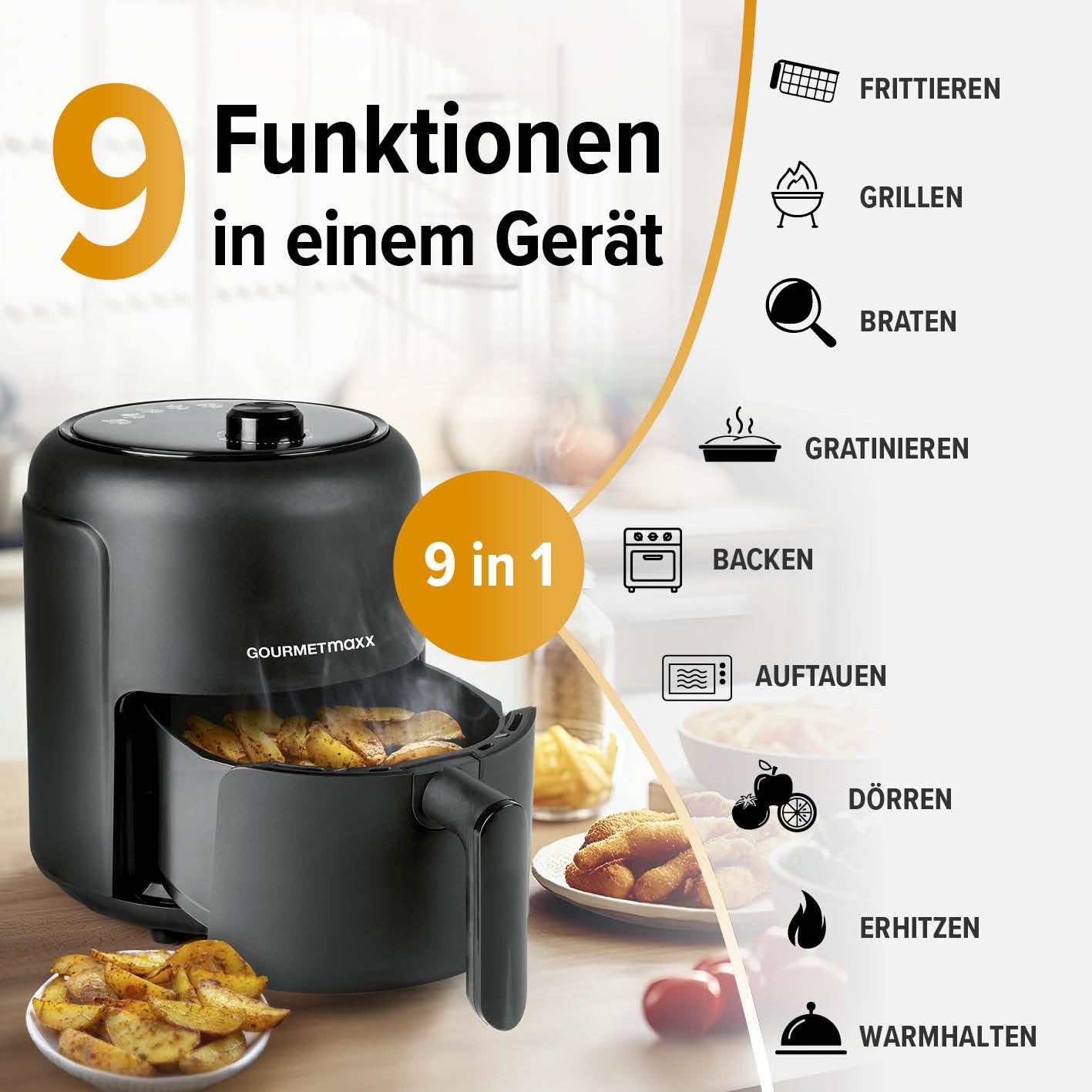 GOURMETmaxx Heißluftfritteuse 2,3L | Airfryer mit 60 Minuten Timer und 9 Funktionen inkl. Vorheizen & Warmhalten | energiesparend & geruchsarm frittieren – nahezu ohne Öl | 1000 W