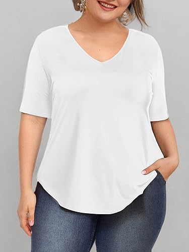 Miniatura 4 de Amoretu Blusa casual de manga corta con cuello en V para mujer, talla grande