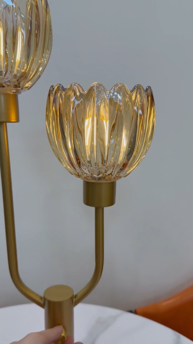 Image of Lightdot Mid Century Modern Table Lamp Amber Glass Vintage Lamp Dimmable | Flower Nightstand Lamp Gold Desk Lamp 2 Bulbs Included Warmwhite Ambient Bedside Lamp for Bedroom Living Room Home Decor Gift