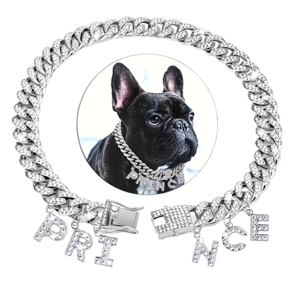 Personalised Dog Chain Collar Diamond Name Letters Customized Silver Dog Necklace Diamond Cuban Link Jewelry Accessories for Small Medium Large Dogs Cats (Silvery,5XL/60cm)