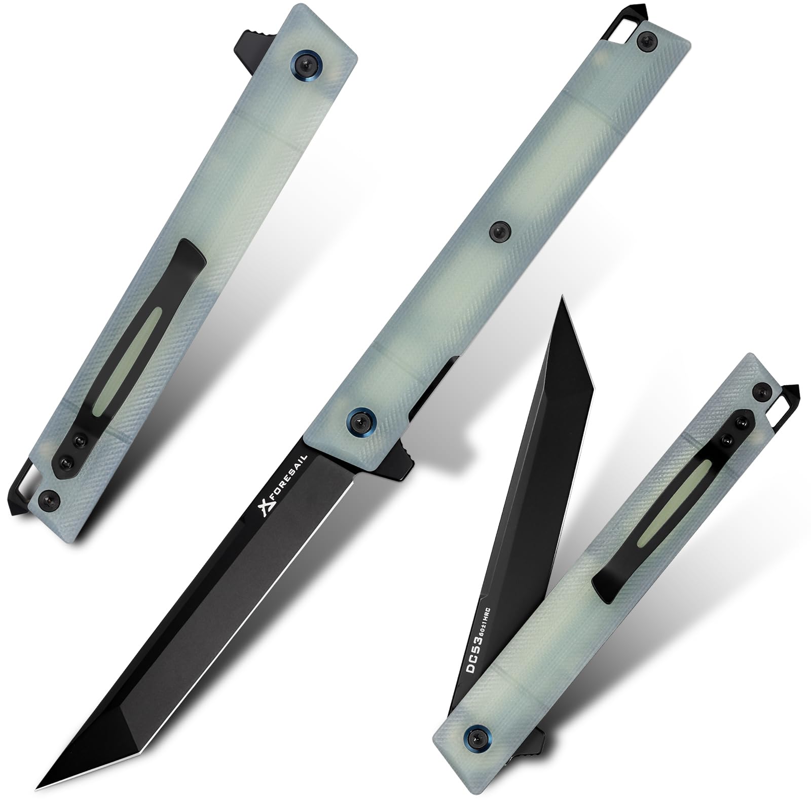 FORESAIL Flipper Pocket Folding Knife,DC53 Steel Blade and G10 Handle. With pocket clip and glass breaker,men's pocket knife hiking trip EDC tool Knife (Natural G10 Handle)