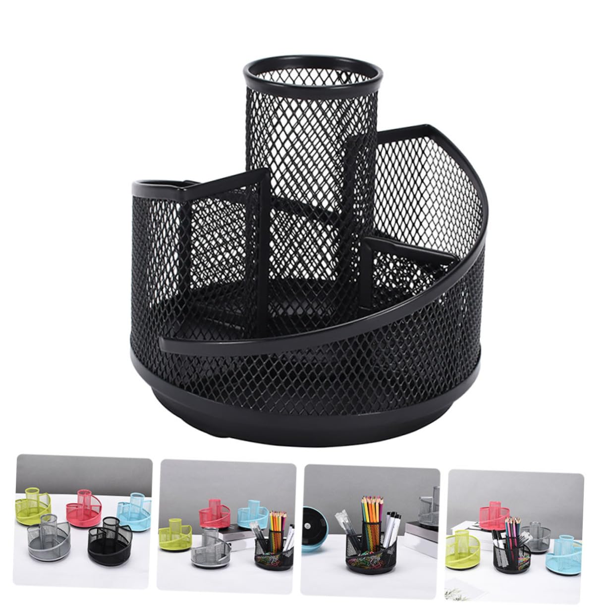 SEWACC 4 Stück Drehbarer Metall Stiftehalter mit Fächern Großer Kapazität Multifunktionaler Schreibtisch Organizer für Bürobedarf und Kosmetik Platzsparende Aufbewahrungsbox in Schwarz