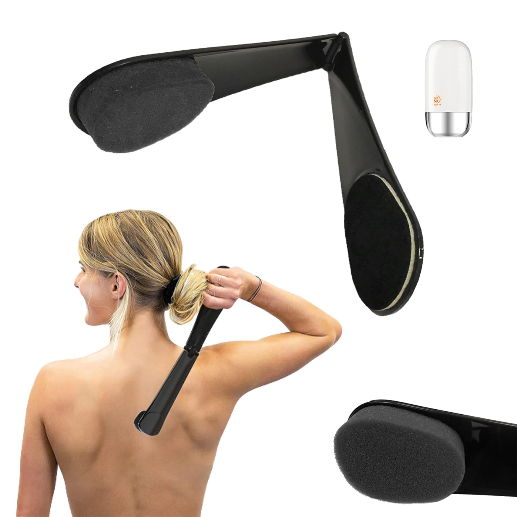 Back Applicator Long Handle Lotion Applicator for Back Portable Travel Self Sunscreen Applicator with Long Reach Folding Handle for Elderly, Women (Black)