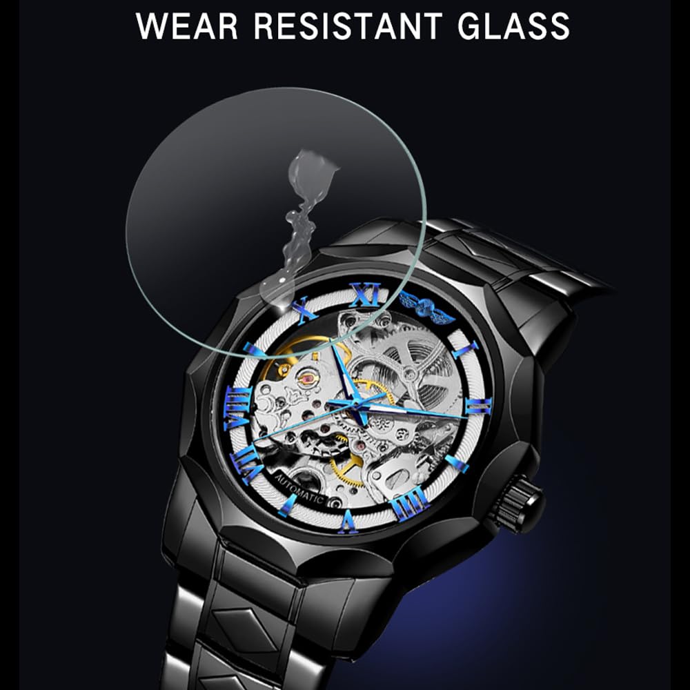 Tiong Relojes automáticos de moda, reloj de pulsera mecánico dorado para hombre, relojes de esqueleto con esfera transparente de acero inoxidable, TW1239-negro, Mecánico