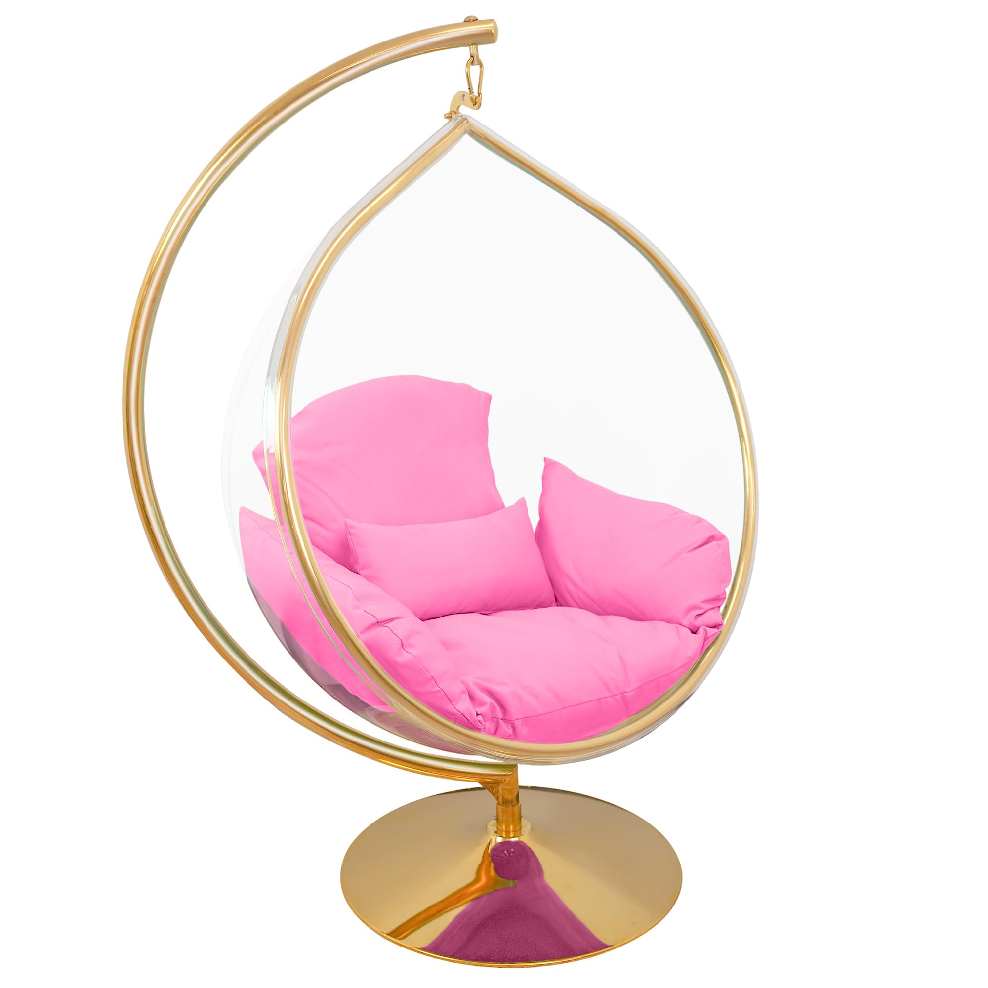 SK CHUMRA Hanging Chair - Transparent Acrylic Bubble, Waterdrop Shape, Indoor Swing Chair with Gold/Chrome Stand, Durable Fabric Cushion - Luxury