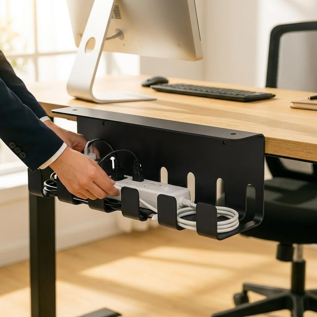 Organizador Cables Escritorio (Pack 2) - Bandeja Pasacables Metálica bajo Mesa para Regletas y Cargadores - 43 cm - Negro - Oficina, Hogar y Gaming