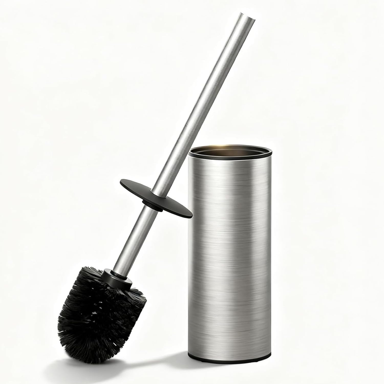 Toilet Brush and Holder Set, NEWRAIN Stainless Steel Toilet Brush with Long Brush Handle, Brushed Nickel Toilet Scrubber and Covered Holder, Round Design Sturdy and Space Saving, Covered Brush