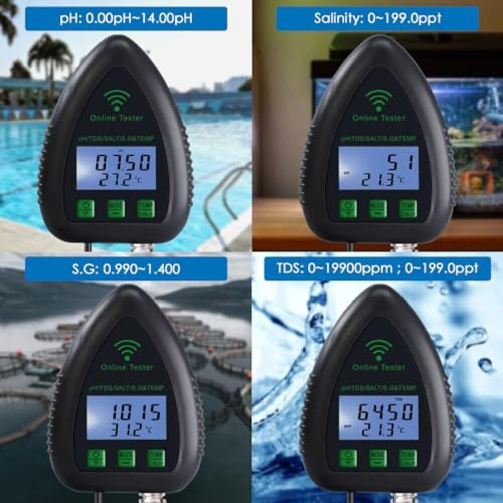 5 en 1 probador de pH WiFi para mantenimiento de acuarios, monitor de múltiples parámetros, salinidad de pH, temperatura de gravedad específica, análisis preciso de calidad del agua para (WF9951)