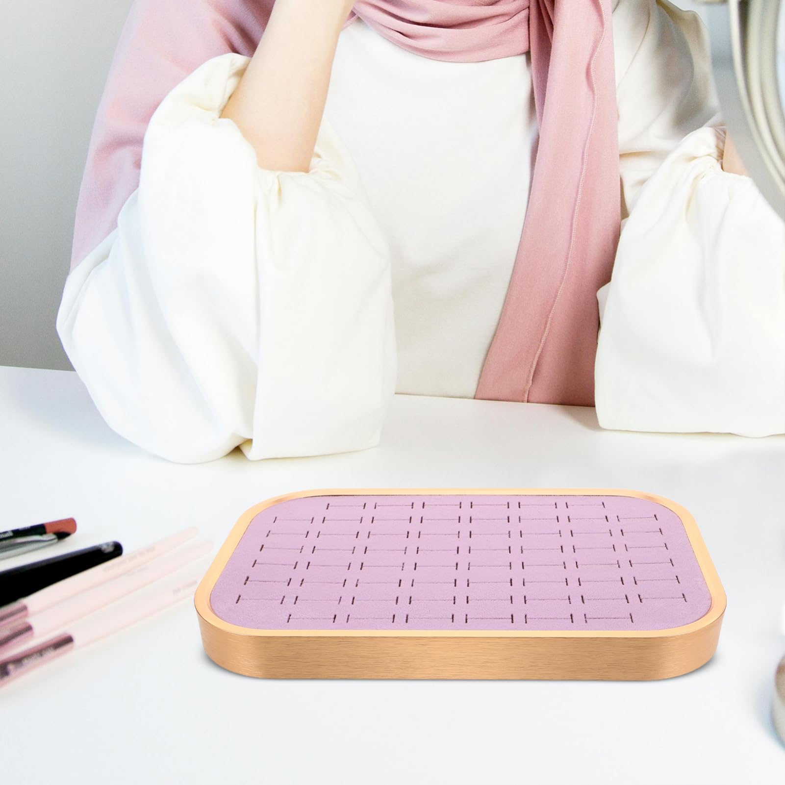 PartyKindom Organizador de Anillos Apilable de Terciopelo 60 Ranuras | Marco Rectangular de Aleación de Aluminio, Color Púrpura, Diseño Secciones para Pendientes y Colgantes