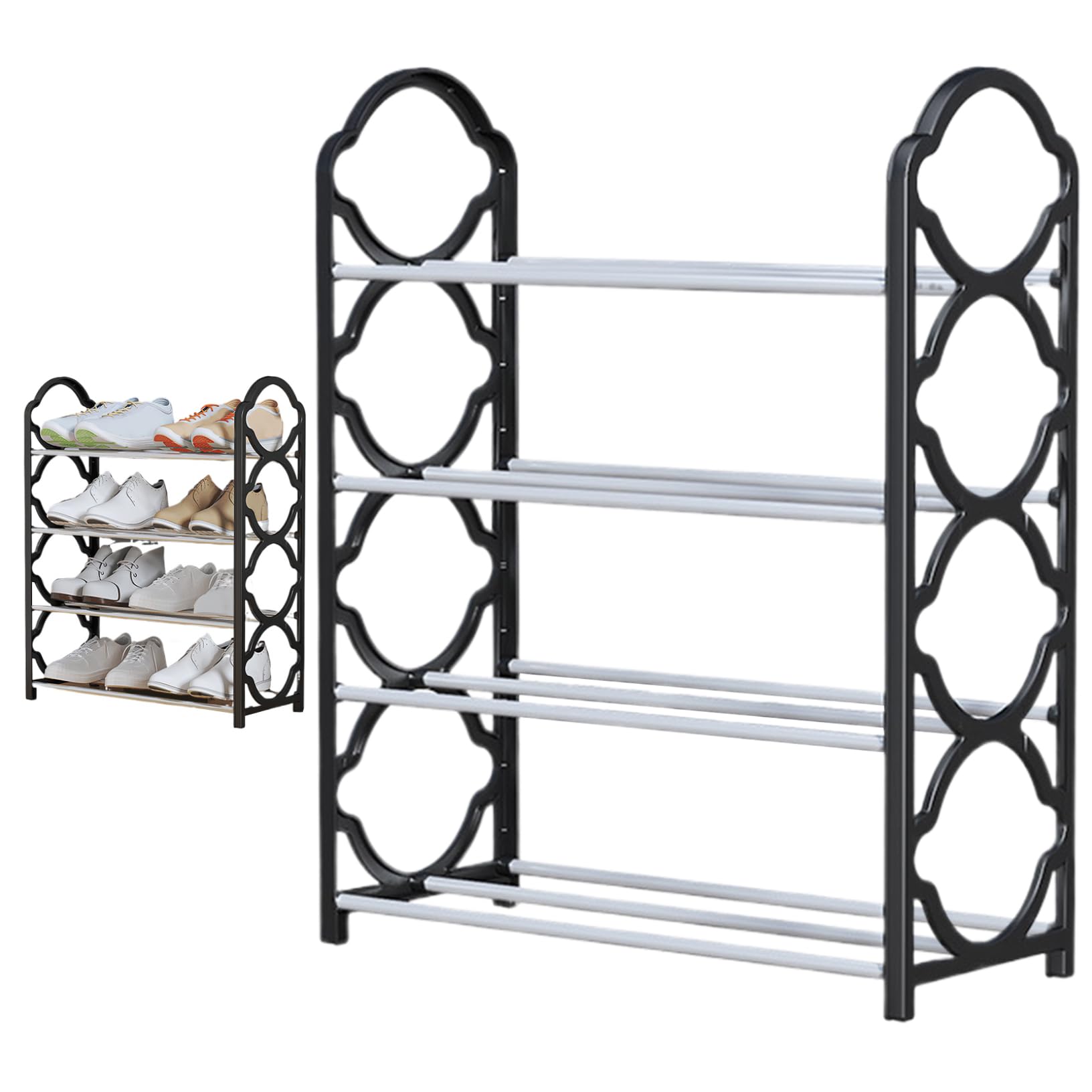 Veesper 4 Tier Shoe Rack Minimalist Shoe Shelf Organizer, Detachable Punch-Free Floor Storage Rack for Home, Dorm, Hallway, Closet, Black