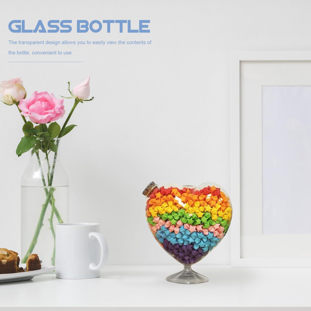 Operitacx Bouteille en verre transparent en forme de cœur, bouteille décorative avec bouchon en liège, petit terrarium en verre, cadeau pour anniversaire, Saint-Valentin, fête des mères