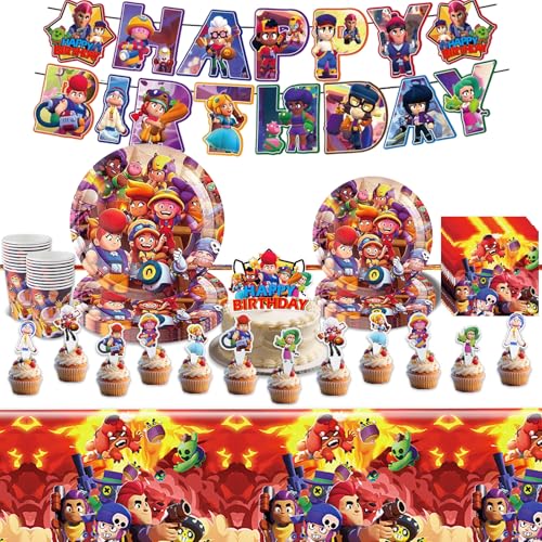 65 Stück Stars Geburtstagsdeko Set, Brwl Strs Kindergeburtstag Deko Cartoon Partygeschirr Set Party Supplies mit Pappteller Tasse Tischdecke Servietten Cake Toppers, Party Dekoration für 10 Gäste