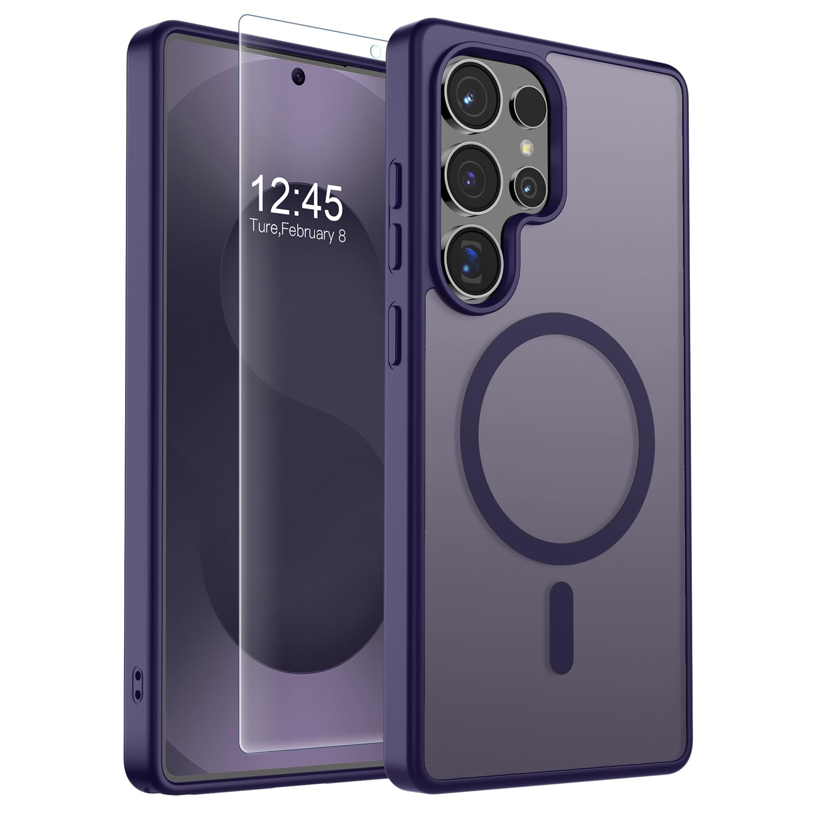 SUPFINE 삼성 갤럭시 S25 울트라용 마그네틱 케이스, 액정보호필름 포함, (내장 자석) (군용 등급 낙하 보호) 슬림 반투명 충격 방지 폰 케이스, 다크 퍼플