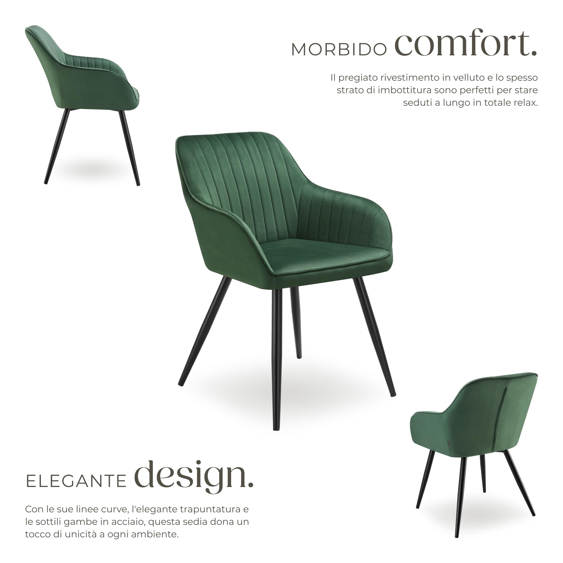 tectake® Sedie da Pranzo Effetto Velluto Trapuntato, Elegante, Imbottitura Schiuma Alta Densità, Gambe in Acciaio, Montaggio Semplice - Verde Scuro/Nero, 1 Sedia