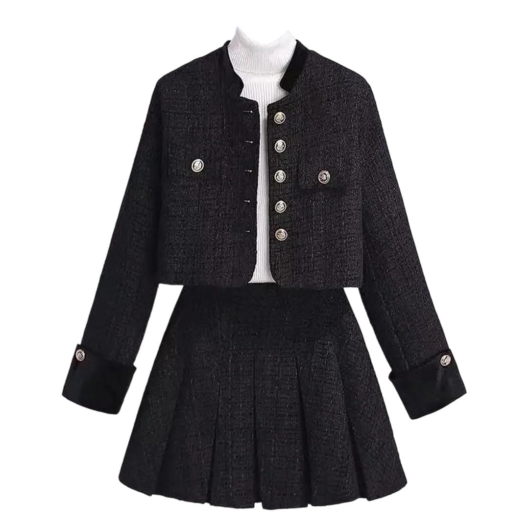 Womens French Small Fragrance Suit Patched Plaid Coat Pleated Autumn Winter Advanced Two Piece Sets