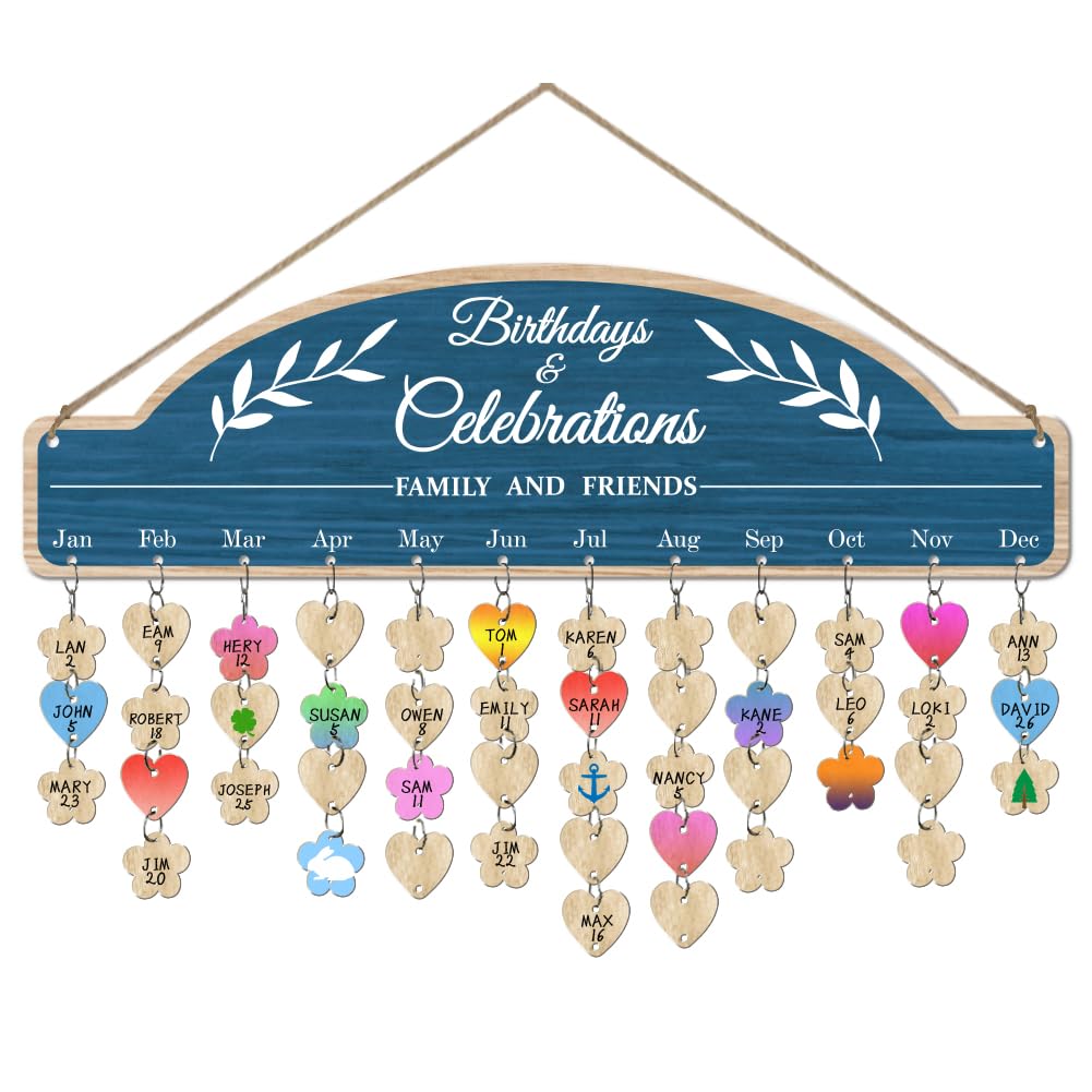arricraft 1 Set Wooden Family Birthday Reminder Calendar Plaque, Bule Family and Friends Celebrations Calendar Board Wall Hanging with 100 Tags for Birthday Party Decoration 4.7x15.7Inch