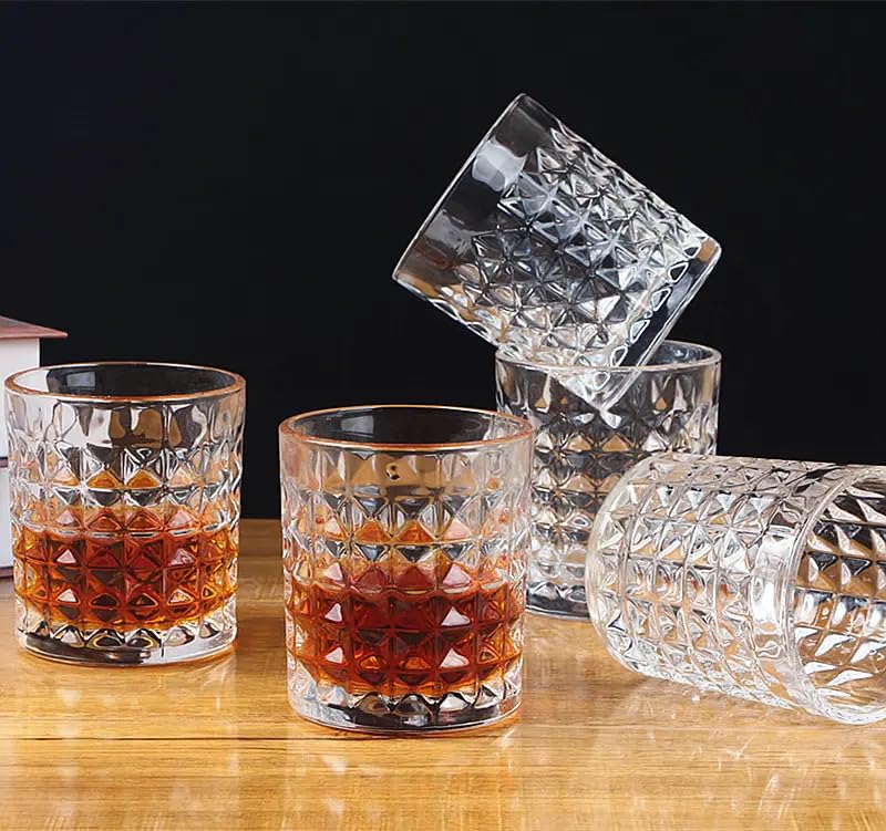 Image of Whiskey Glasses Set of 6 pcs- 300 ml Bar Glass for Drinking Bourbon, Whisky, Scotch, Cocktails, Cognac- Old Fashioned Cocktail Tumblers (6, Checks)