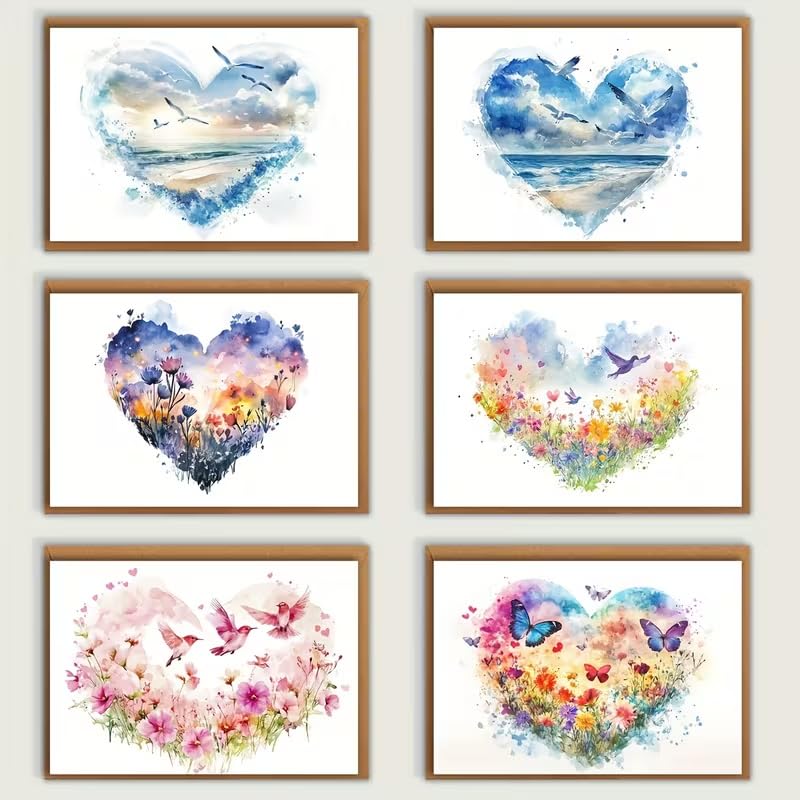 Watercolour Heart Greeting Cards Set with Kraft Envelopes, 6 Cards + 6 Envelopes, 9cm x 13cm, Floral and Nature Designs