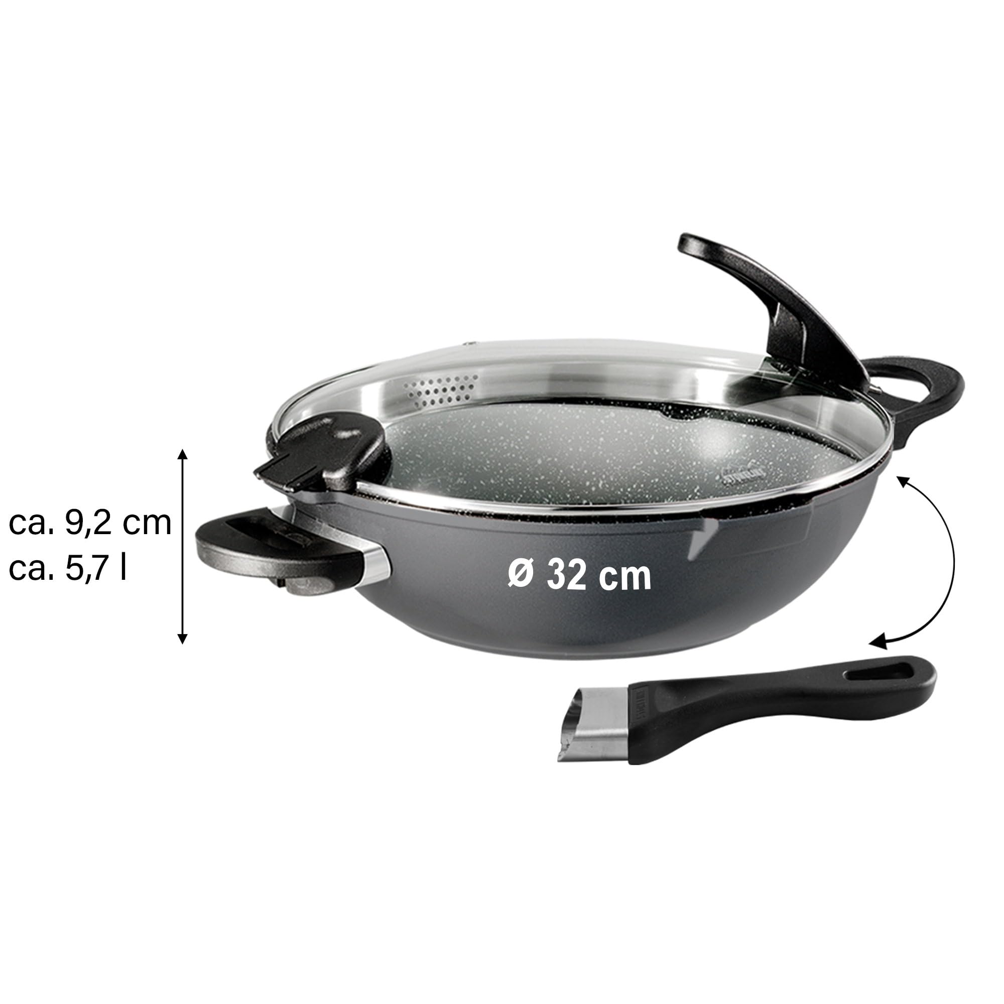 STONELINE Future Wok 32 cm, mit Sieb-Glasdeckel, mit austauschbaren Griffen, induktionsgeeignet, Aluguss, beschichtet mit echten Steinpartikeln, Grau, Wokpfanne mit Deckel