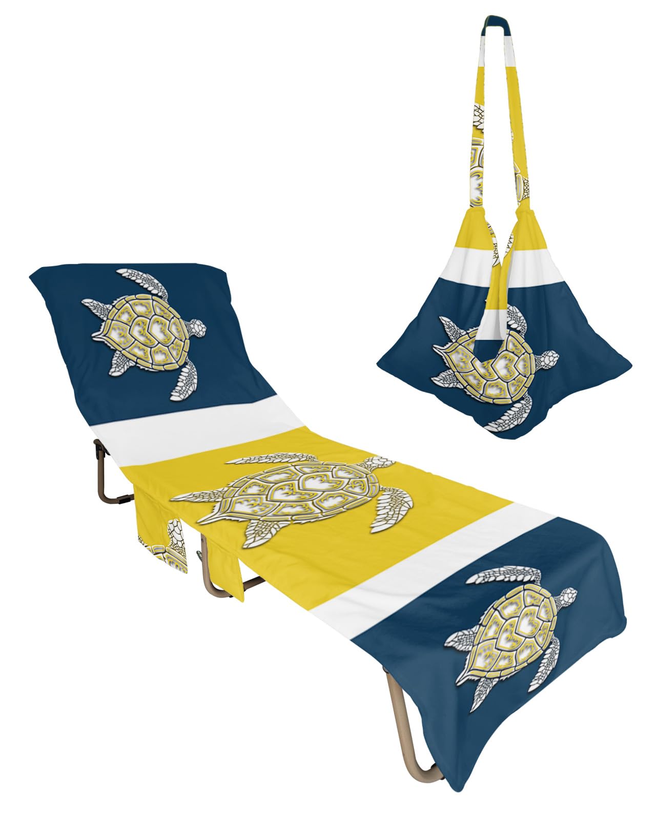 Geometric Turtle, Beach Lounge Chair Towel Cover, Soft Chaise Lounge Towel with Side Pockets Patio Pool Chairs Cover for Beach/Pool Sunbathing 29x85 Summer Ocean Sea Geometric Navy Gold