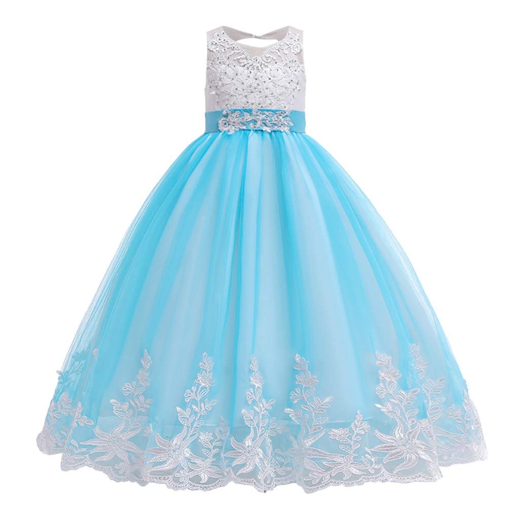 Girls Vintage Floral Lace Sleeveless Floor Length Dress Wedding Pageant Tulle Party Gown Dresses Teens 5-16 Years