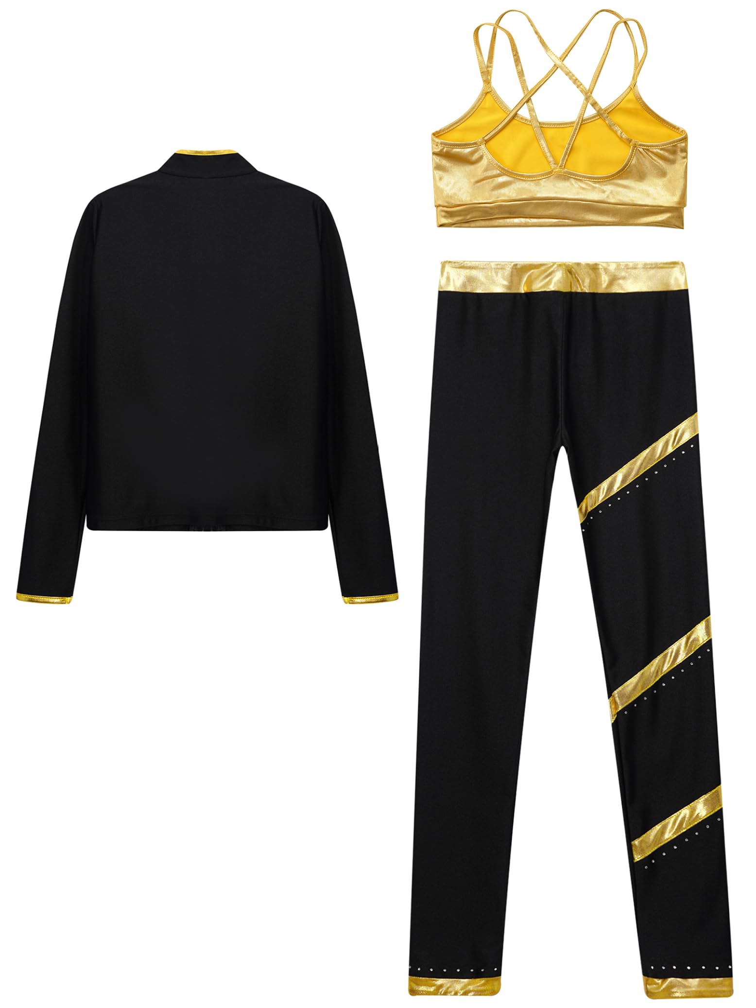 Ropa de patinaje artístico para niñas y niños, chándal metálico, sujetador deportivo, strass, chaqueta brillante, rayas, patchwork, leggings dancewear