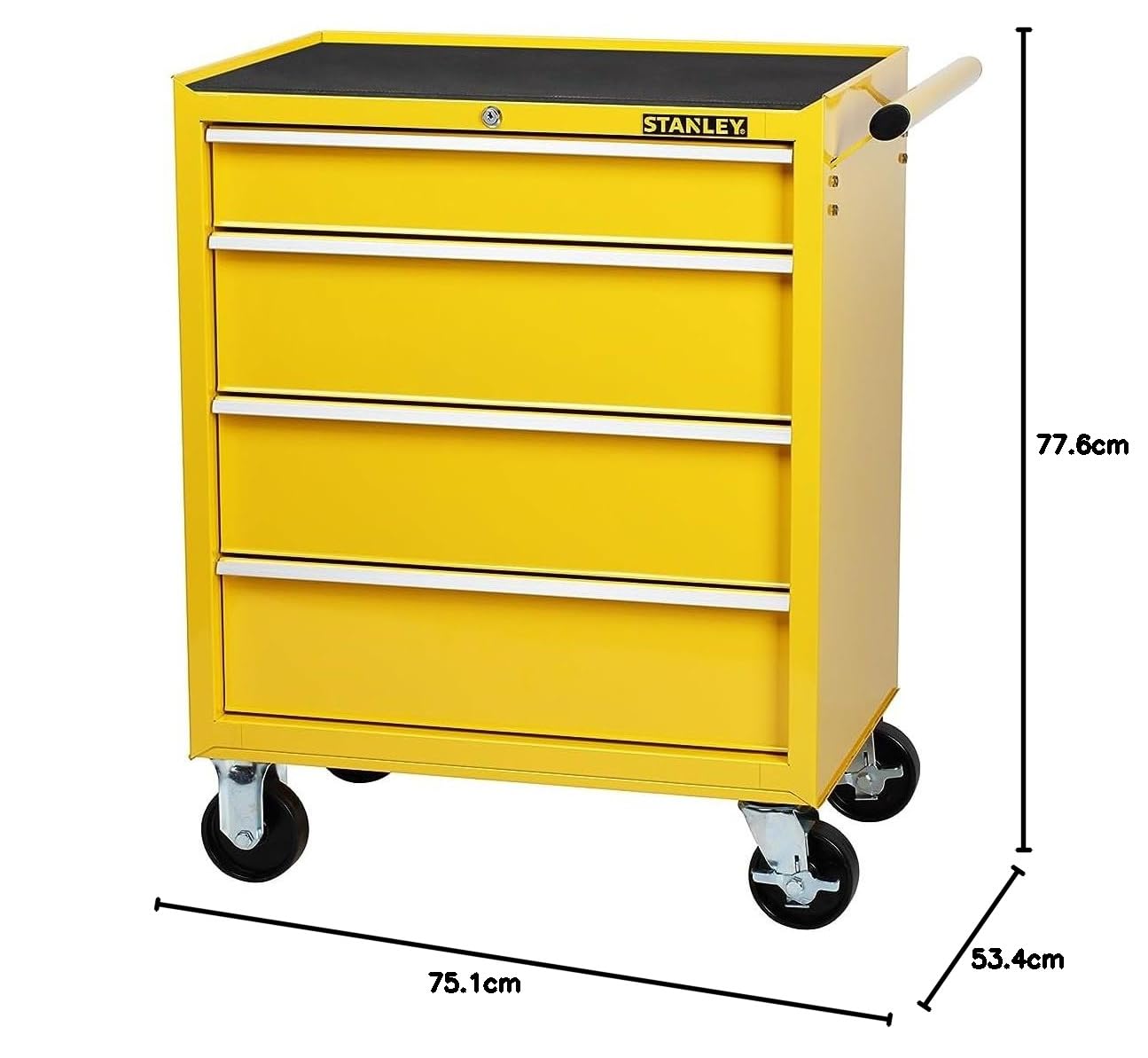 STANLEY STMT1-75063 Servante d'atelier métallique-Rangement d'outils sur 4 tiroirs-Fermeture sécurisée-Ouverture à glissières-Plan de Travail renforcé-Dimensions 685 x 1226 x 300 mm, Jaune