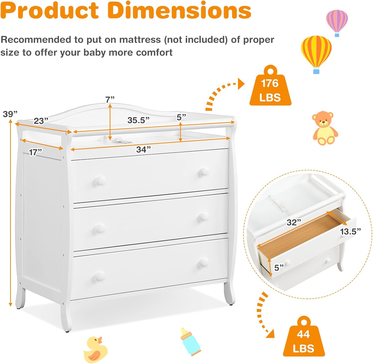 Costzon 3-Drawer Changing Table, Infant Diaper Changing Station with Drawers, Safety Rails & Strap, Baby Changing Table Dresser for Nursery, Easy Assembly (White)