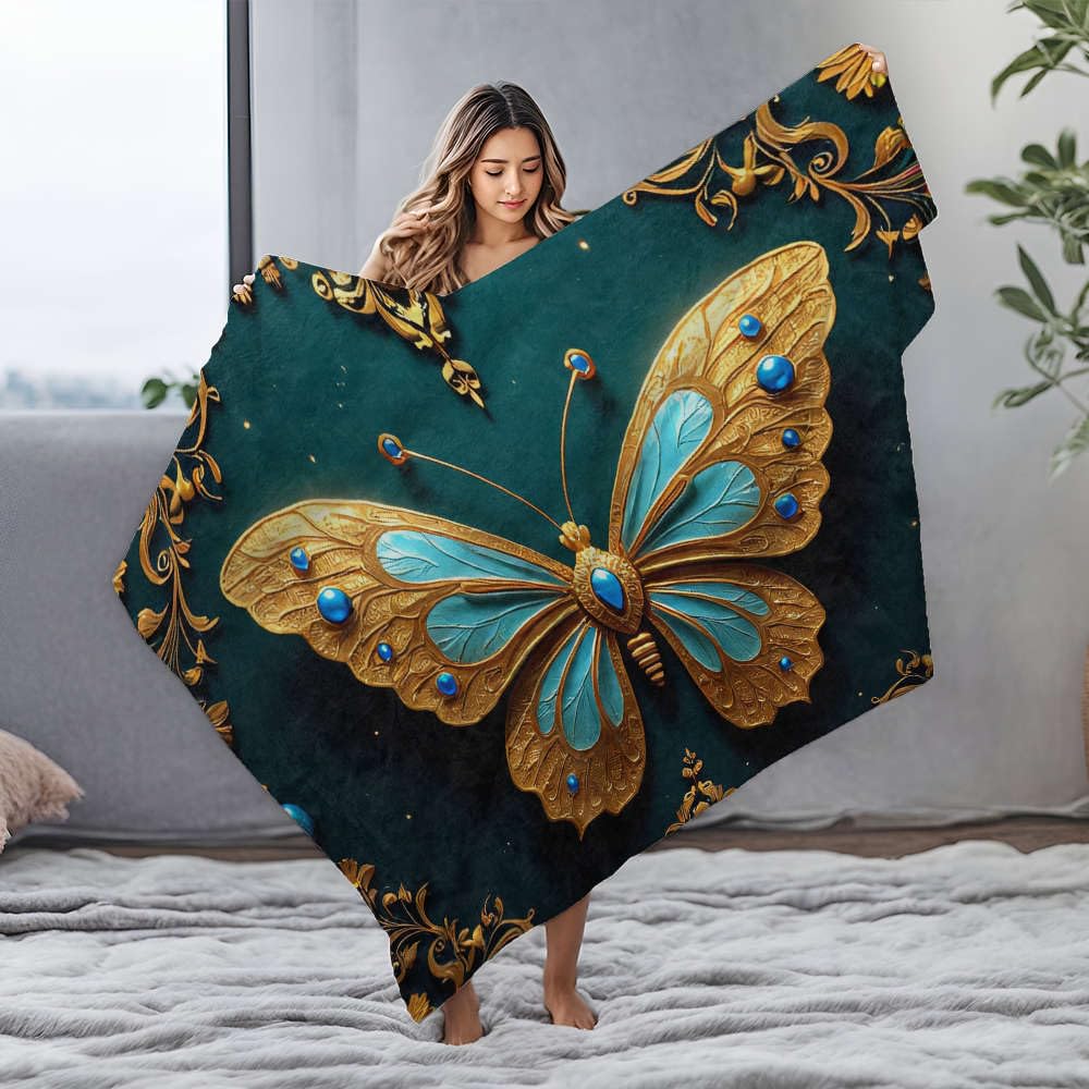 Couverture bébé papillon doré et pierres bleues 150x200cm pour lit enfant