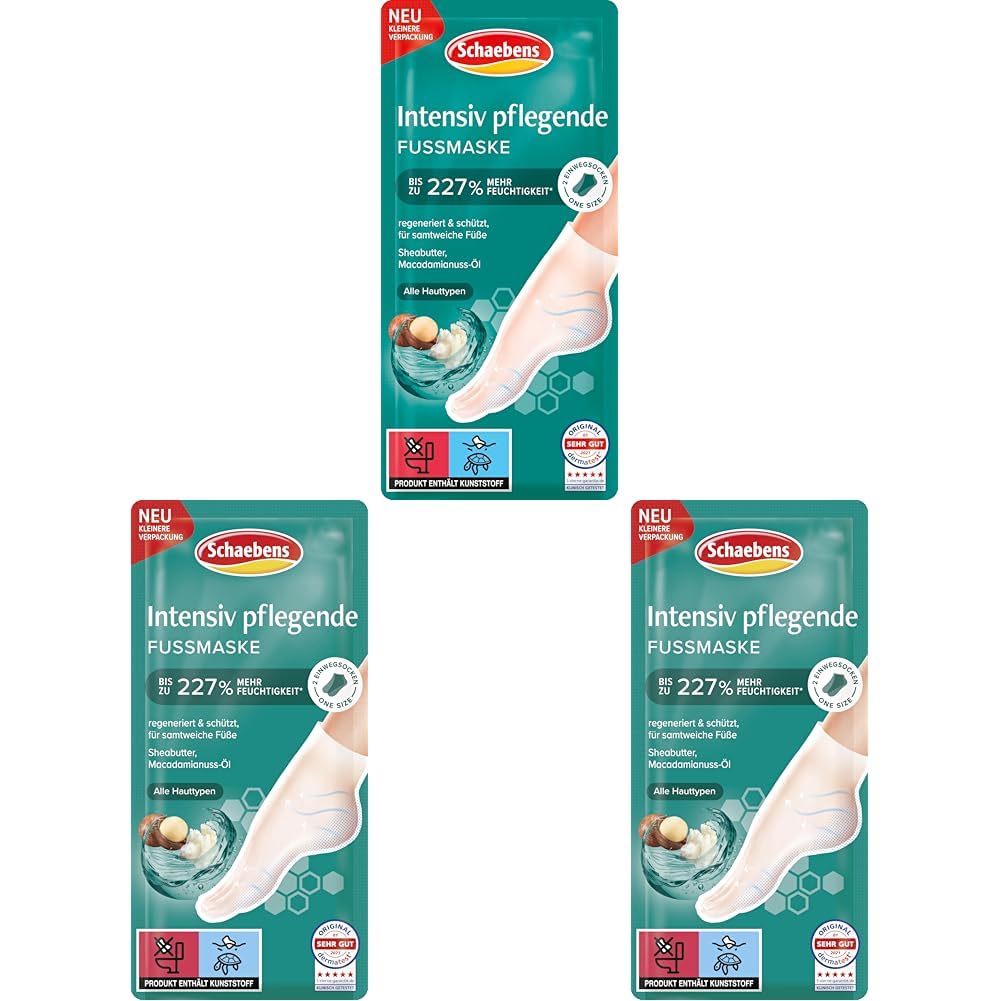 Schaebens Intensiv pflegende Fußmaske (2 Socken für 1 Anwendung) regeneriert & schützt mit Sheabutter, Macadamainuss-Öl für alle Hauttypen (Packung mit 3)