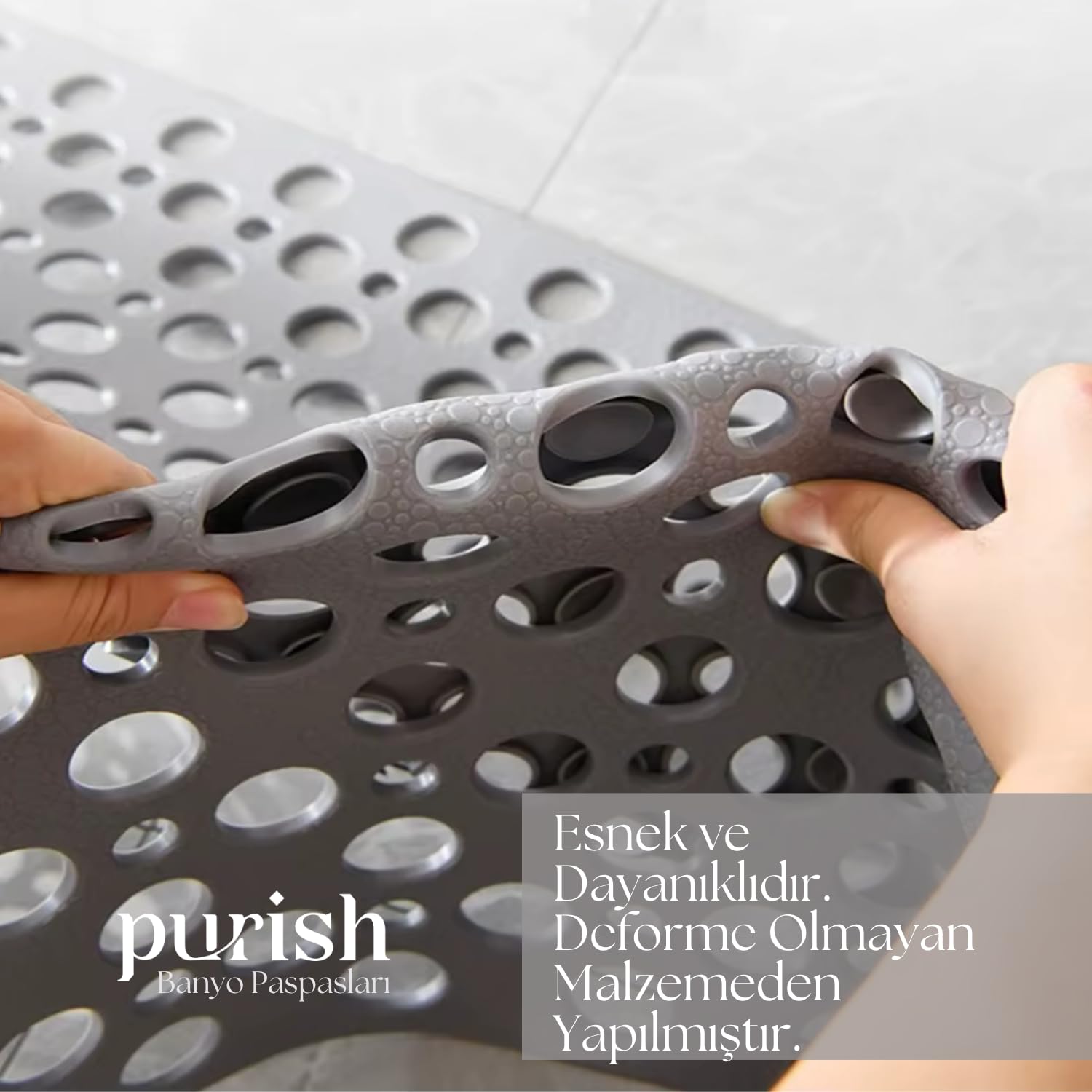 Purish | Kaymaz Banyo Paspası | Antrasit Gri | 66x36cm – Dikdörtgen Duş Matı, Küvet Paspası | Güçlü Vantuzlu, Su Tahliyeli, Yumuşak | Makinede Yıkanabilir | Kaydırmaz Zemin Matı (Antrasit Gri)