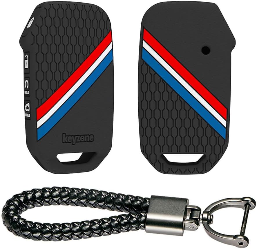 Keyzone® Striped Silicone Key Cover & Keychain Compatible for Kia Carens Clavis,Seltos, Sonet 2023 4 Button Smart Key.(Black with LT Black)