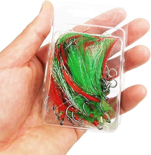 Miniatura 4 de 20 anzuelos de pesca redondos de níquel negro con plumas, 3 anzuelos de pesca fuertes y afilados, tamaño 4  6  8  10, plumas rojasnegroblanco