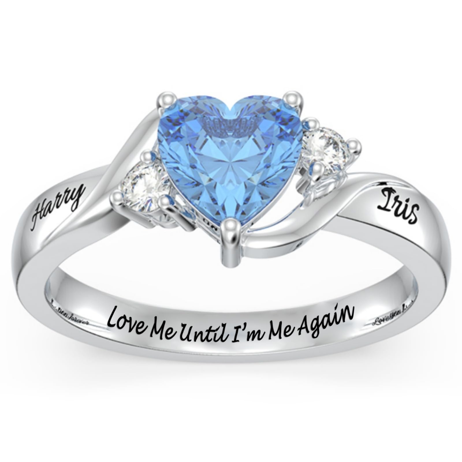 Shusukue Heart Crystal Rings 925 Sterling Silver Minimalist Solitaire 12 Month Birthstone Rings Personalized Engraved Name Ring Birthday Promise