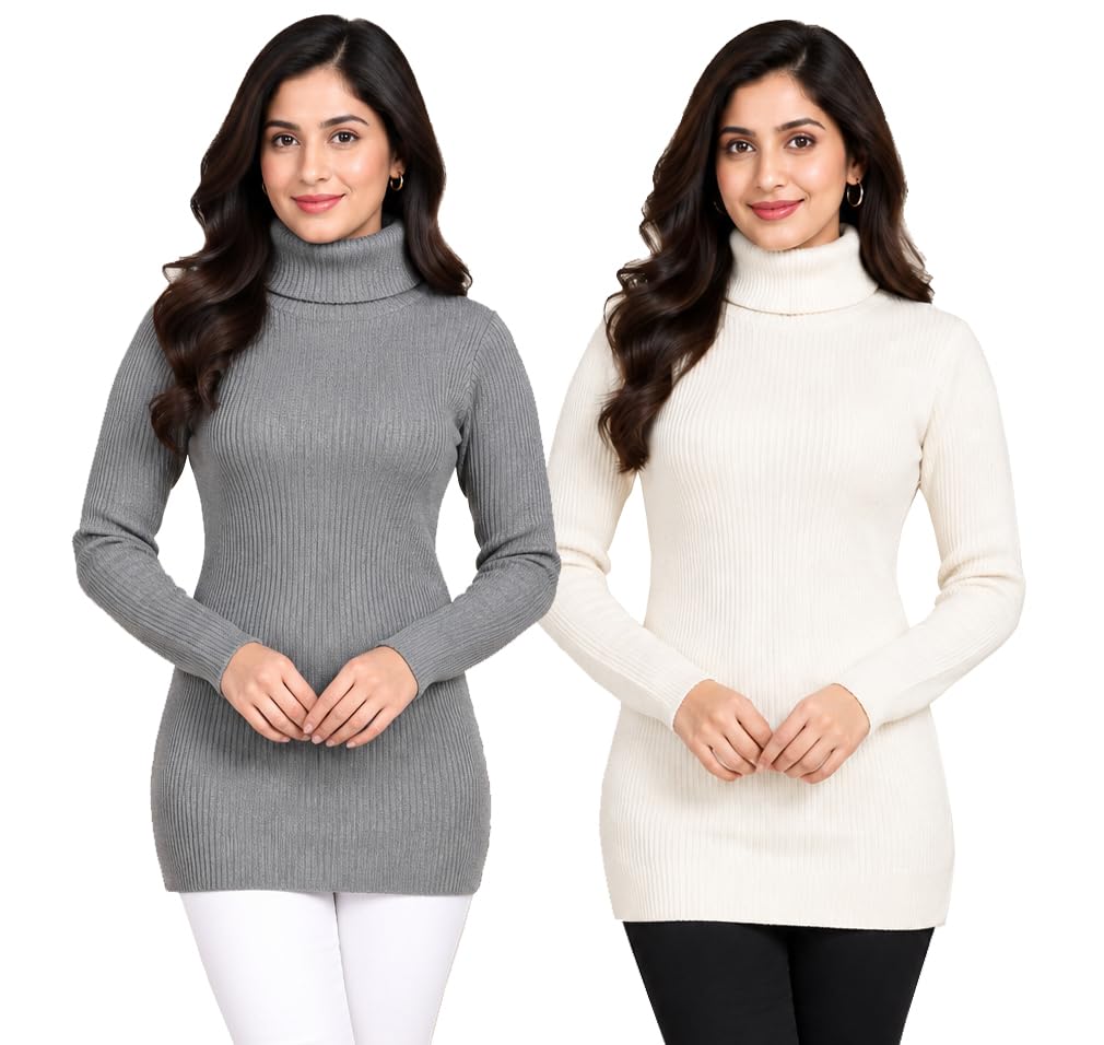 women’s trendy plain high neck longline sweater | full sleeve ribbed knit pullover tunic top | stylish warm winter wear for girls | casual, college, office & outing. pack of 2