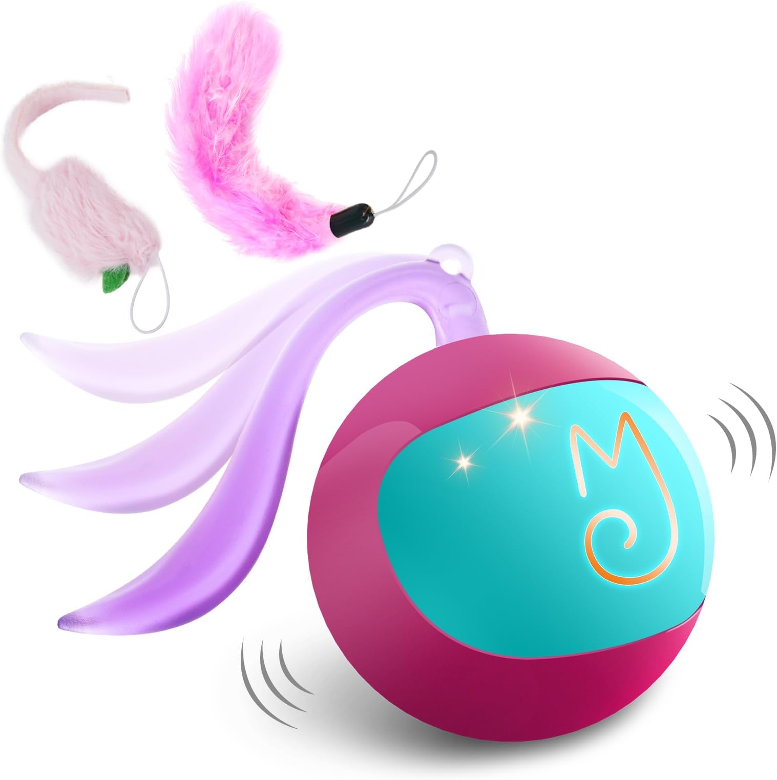 Migipaws Cat Toy, Automatic Cat Toy with Tail, Electric, Popular, Solo Play, Cat Plaything, Indoor Use, Cat Exercise Deficiency Relief Toy with Feathers and Plush, Chase Ball (Pink)