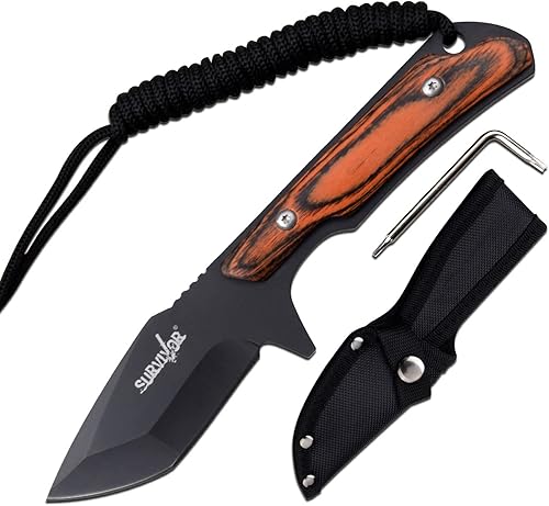 Miniatura 1 de SURVIVOR - Cuchillo de hoja fija - Hoja de acero inoxidable negro, espiga completa, escala extraíble de mango de madera marrón con paracaídas, funda