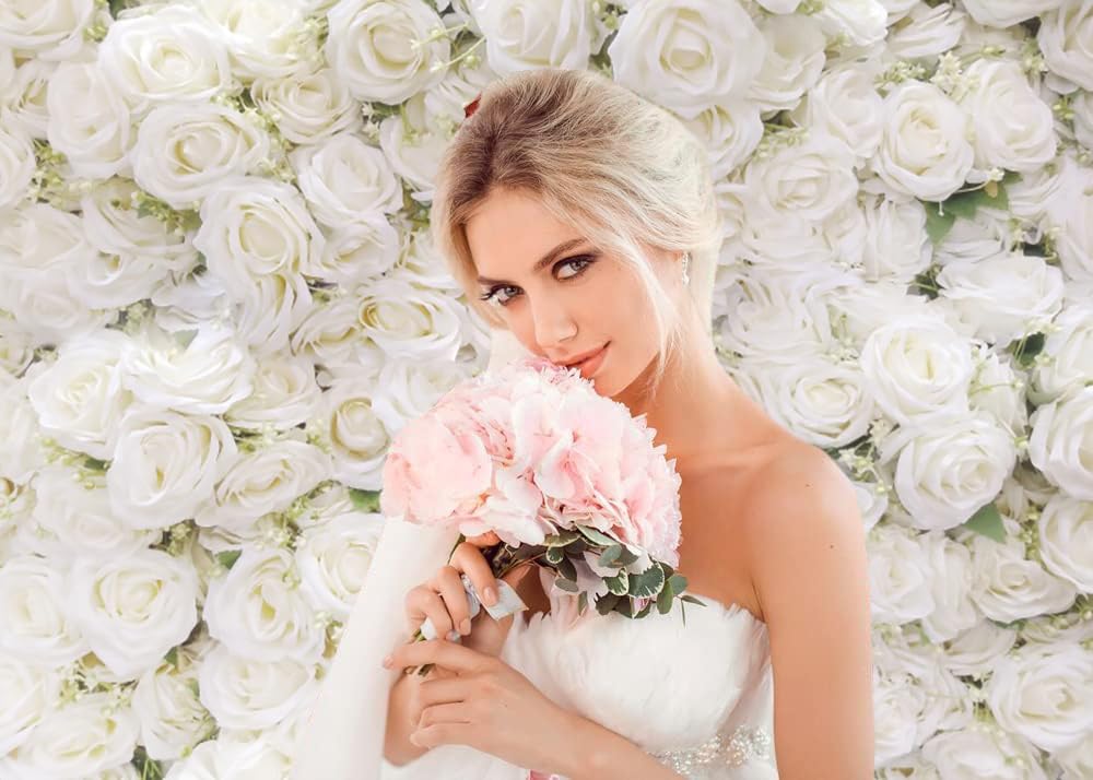 3x2.4m Toile de Fond Murale Fleur Rose Blanche Fond Photographique Filles Fête d'anniversaire Mariage Douceur de Mariage Décorations Portrait Photoshoot Bannière Photo Booth Props