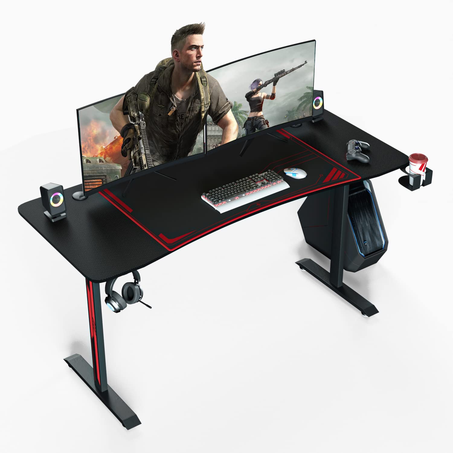 BedStory Gaming Desk 63 Inch, T-Shaped Computer Desk with Large Mouse Pad, PC Gaming Table Gamer with Cup Holder and Headphone Hook for Gaming Room -