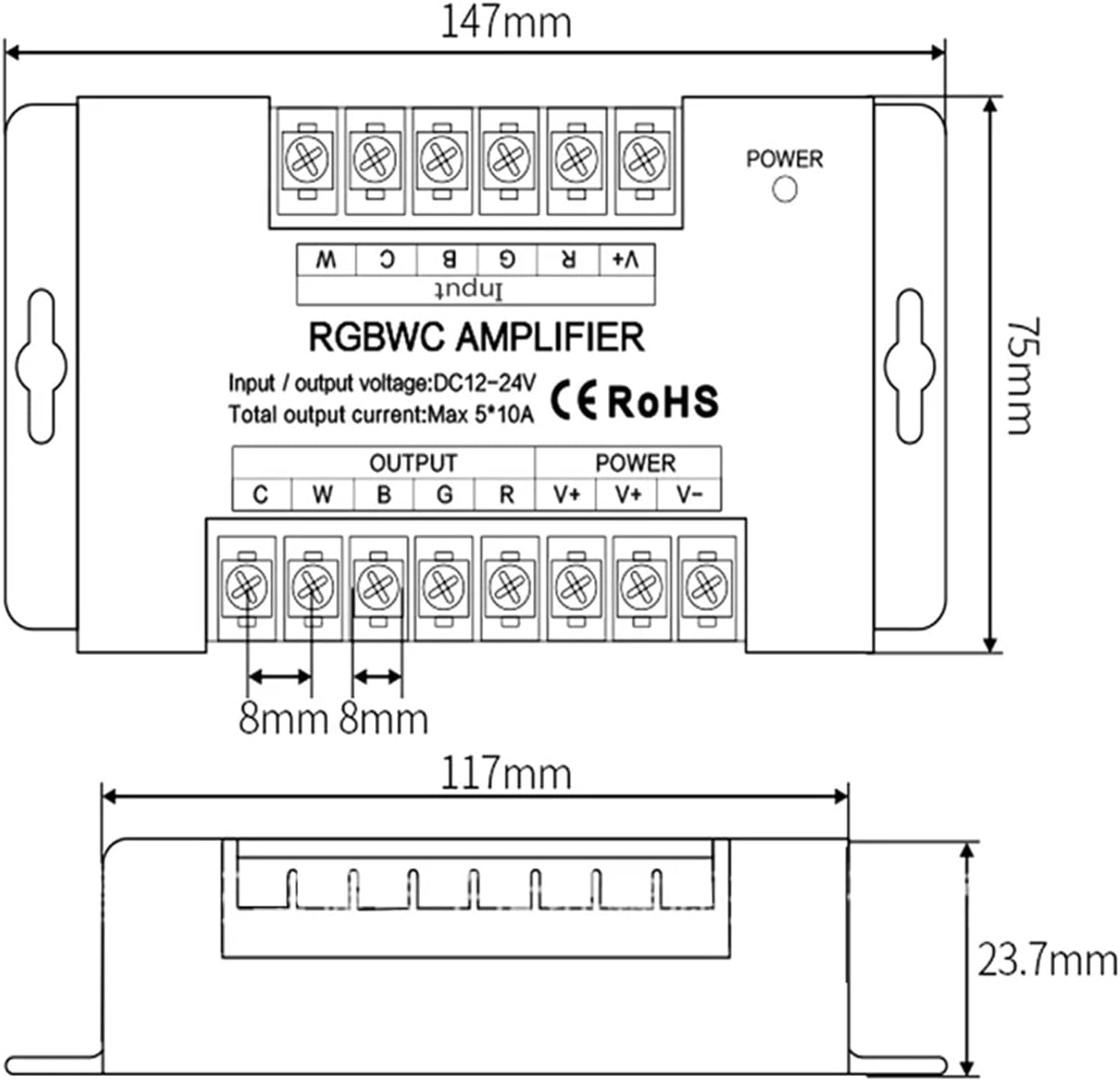 RGBCCT High Speed ​​Power Signal Amplifier Data Signal Repeater 10A X 5CH Channel Suitable for 5050 5-24V RGBWC RGBWW LED Light Strip