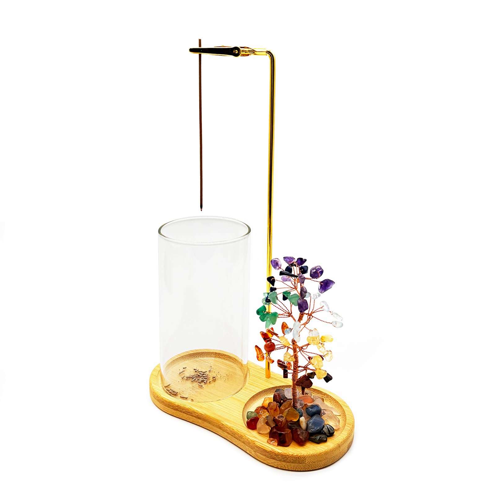 Upside Down Incense Stick Holder with 100% Ash Catch Glass Tube and 7-Color Crystal Tree for Yoga, Zen Meditation, Healing, Home Decoration