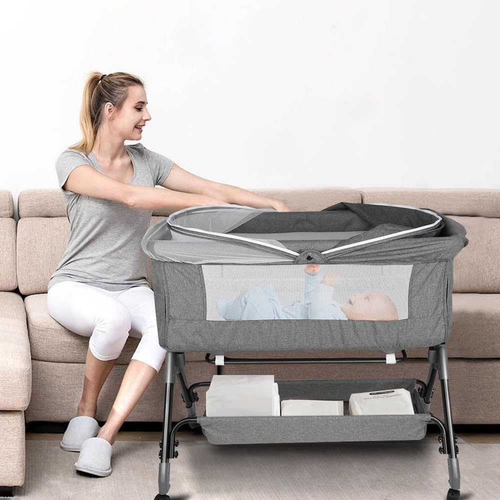 OHMG 3 en 1 Berceau Cododo,Lit Cododo Bebe Pliable,0-36 Mois,20 kg Max,Réglable Inclinaisons et 4 Hauteurs,Système Coulissant,Matelas Confort,Grand Panier (Gris（104 * 52 * 100-110cm）)