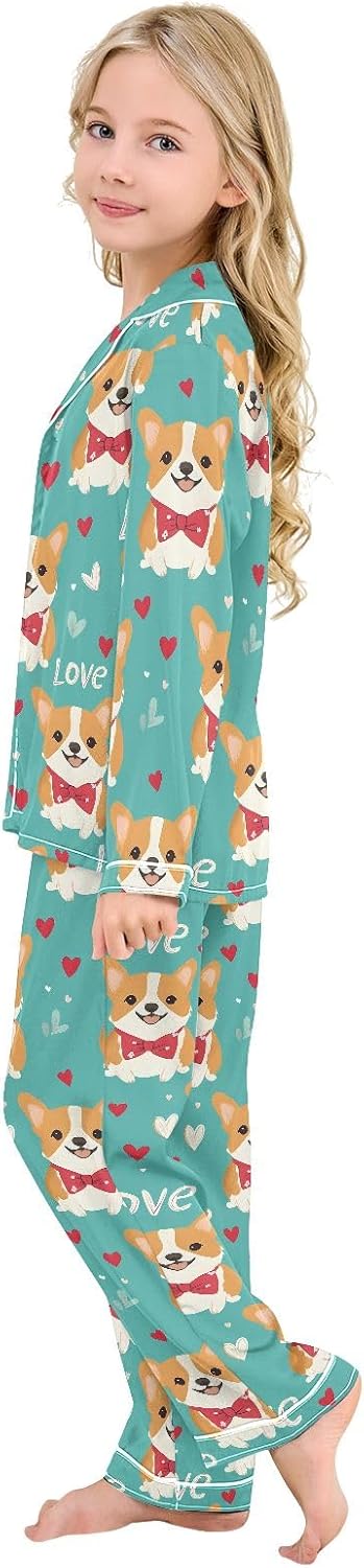 Kids Casual Satin Wear Set Love Corgi Pattern Unisex Relaxed Fit Clothing