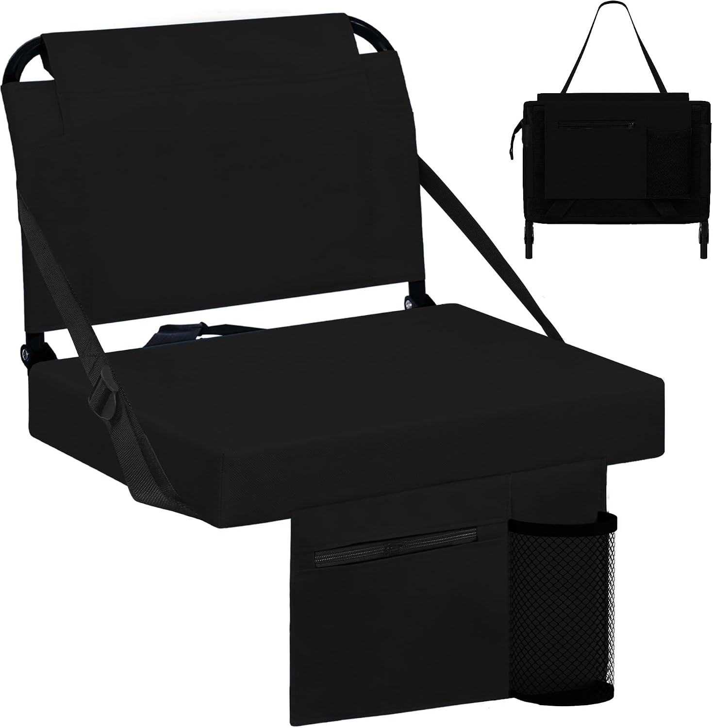 Stadium Seats for Bleachers with Back Support Bleacher Seat Soft Cushion Light Weight Includes Shoulder Strap & Cup Holder, Front & Back Zipper Pocket, Suitable for Sports Events,Black