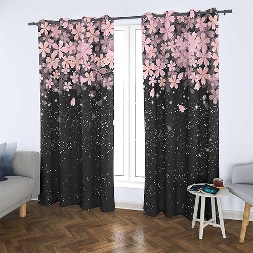 Miniatura 5 de Renaiss Pink Cherry Patels - Cortinas opacas con aislamiento térmico de flores de cerezo japonés, cortinas de ventana de dormitorio con estampado