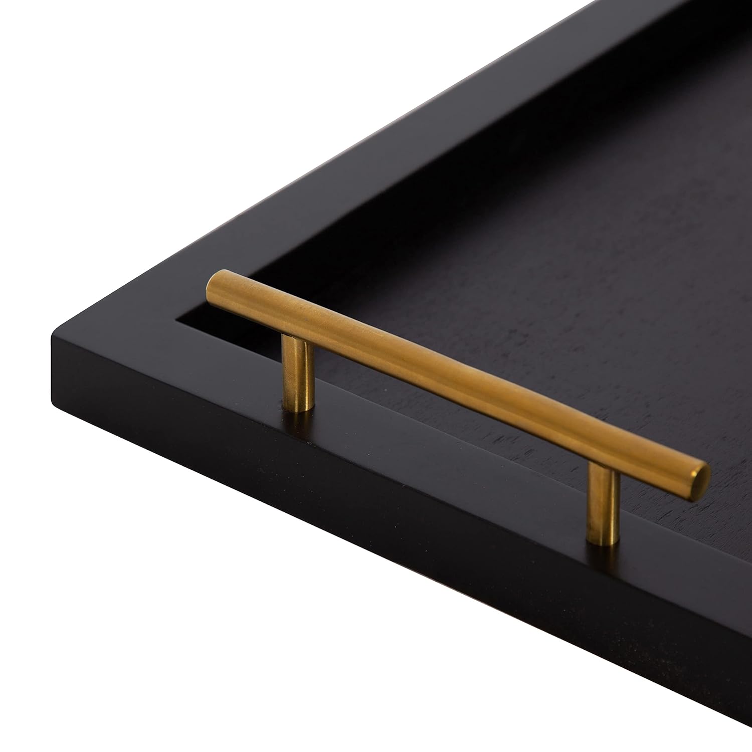 Kate and Laurel Halsey Narrow Rectangle Decorative Wooden Tray with Polished Metal Handles; 24 x 10; Black and Gold; Modern Glam Wood Rectangular Serving Tray for Display or Decoration
