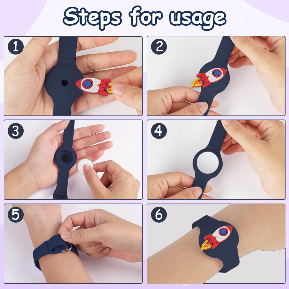 AXFEE Pulsera Compatible con Air-tag,1PC Pulsera de Silicona para Niños,con 4 Patrones DIY,Funda Protectora Ajustable Antipérdida,Impermeable Pulseras para Niños Mayores para Air-tag GPS Tracker, Azul — view 6