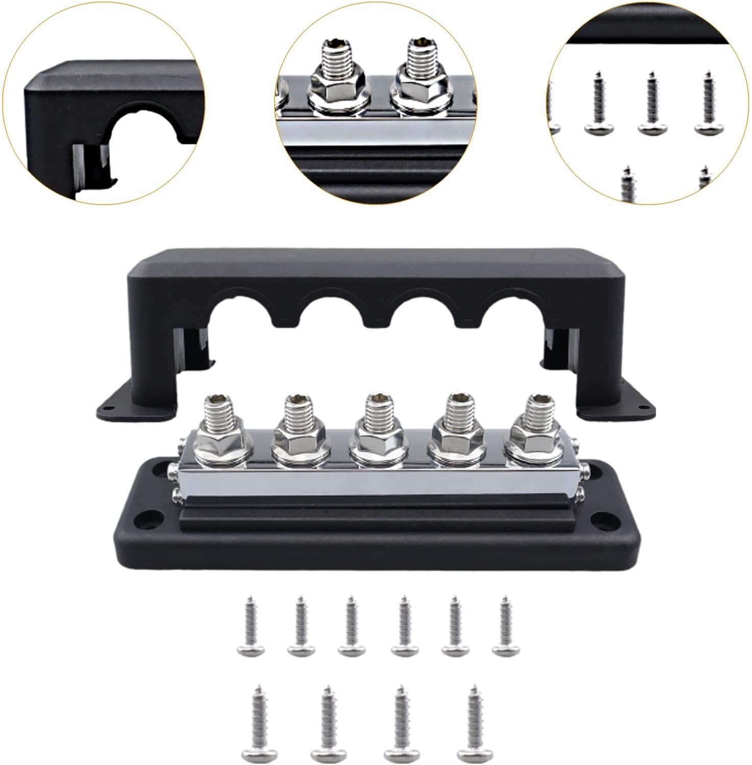 Power Distribution Bus Bar Terminal Block with Sturdy Nylon Copper Construction Dustproof Cover for Efficient Wiring Suitable for Marine, Black