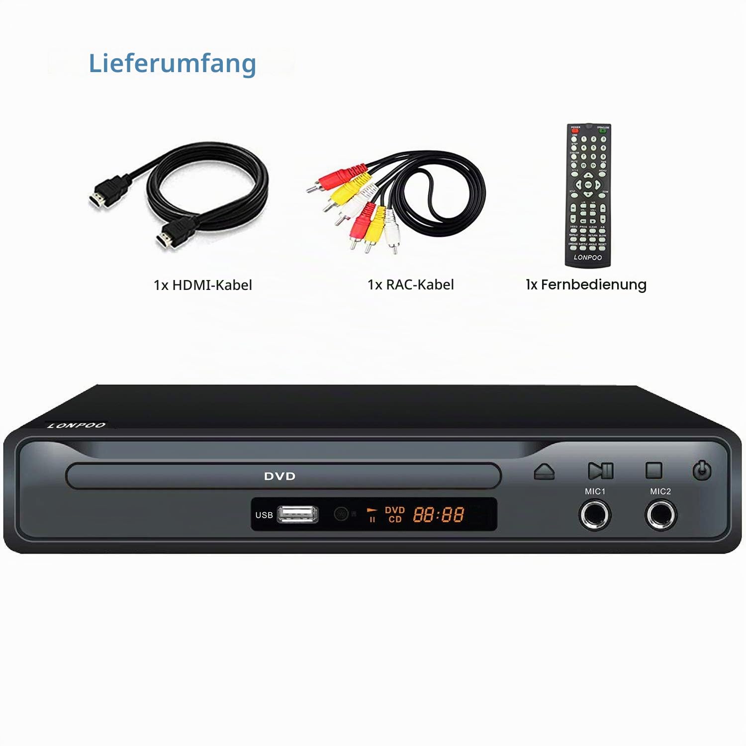 Kompakter DVD-Player mit SCART-Anschluss, Regionsfreier HD-DVD-CD-Player mit HDMI-Anschluss/AV-Anschluss, integriertes PAL/NTSC-TV-System, unterstützt MIC-Eingang, USB-Eingang (DVD Player)